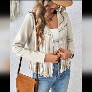 Women's Solid Color Fringe Trim Open Front Jacket